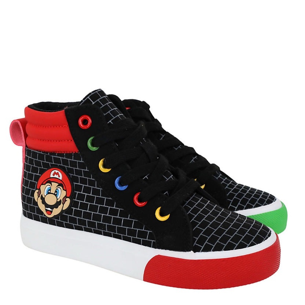 Kids Black Superhero Grid High-Top Sneakers with Red & Green Accents